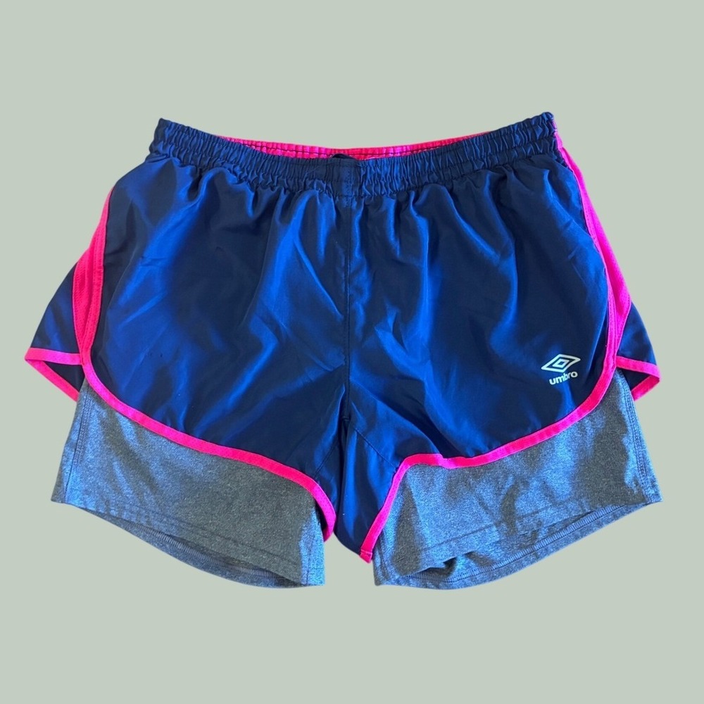 Umbro Womens 2-in-1 Athletic Shorts Navy Pink Grey Running Soccer Gym Size M